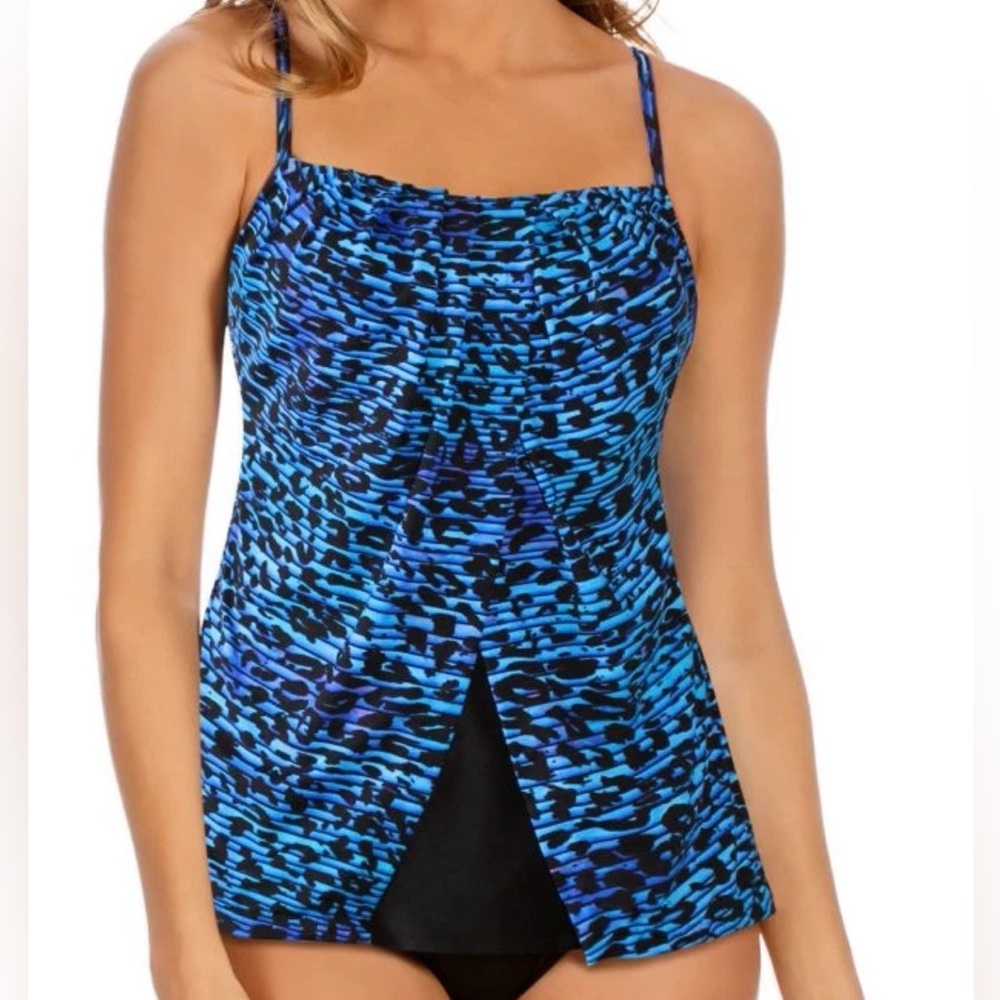 NWT Miraclesuit Blue and Black Jubilee Tankini Top, mint condition- flattering